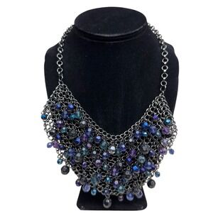 NY Acrylic Beaded Statement Chainmail Bib Necklace Purple Blue Jewelry 9.5 in L